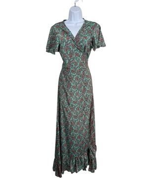 Cienna Dress Small Green Gold Floral Silk Blend Boho Maxi Wrap India Festival